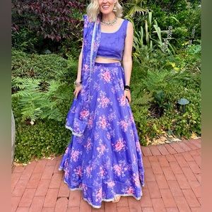 Lashkaraa Periwinkle Floral Chanderi Lehenga